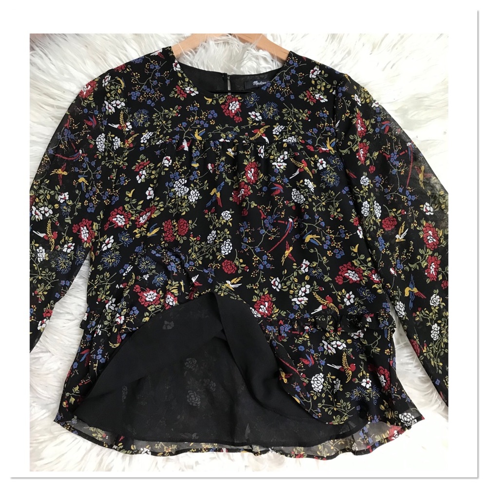 Madewell Ruffle Peplum Top In Finch Floral Black Red Multi Color Size XXS - Picture 7 of 9